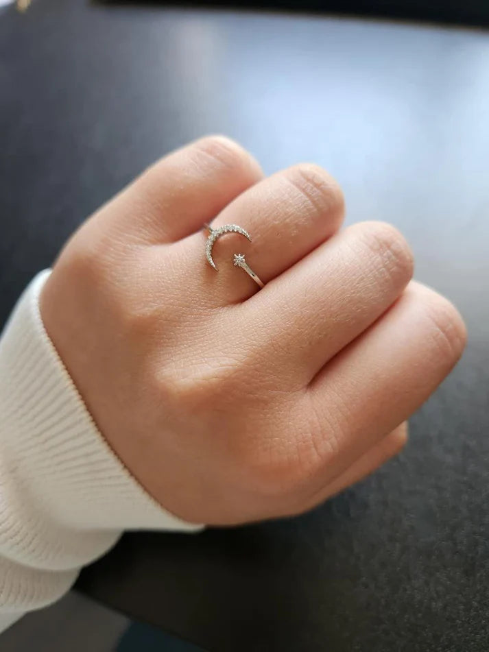 Crescent moon and star ring